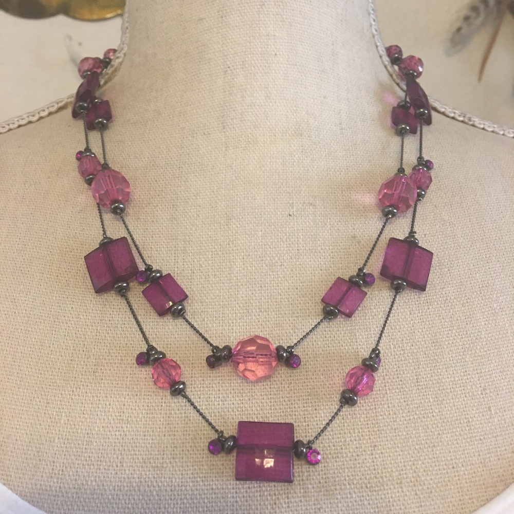 Layered double strand faceted bead chrome necklace